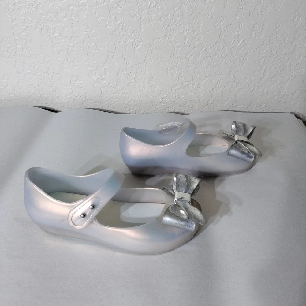 Mini Melissa Ultragirl Bow Jelly Shoes Silver Pearlescent Mary Janes Size 11